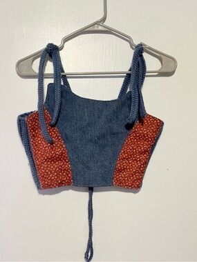 Handmade by me celestial rose shop Blue crochet denim and floral fabric crop top